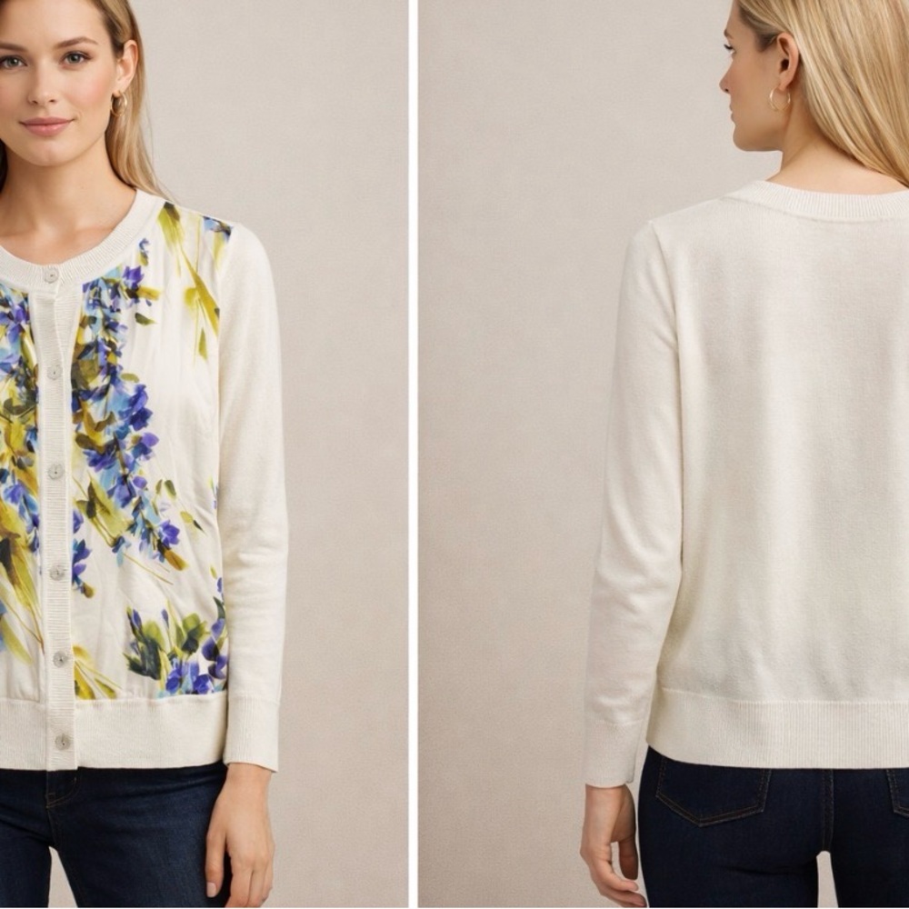St. John Ivory Cardigan with Blue & Olive Floral Print - Picture 2 of 5
